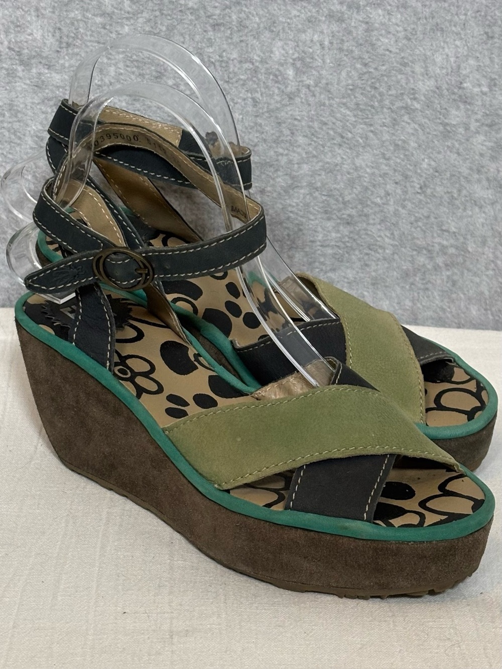 FLY London Pati Leather Ankle Strap Wedge Sandals-Gray/Teal/Green-Women 39/8-8.5